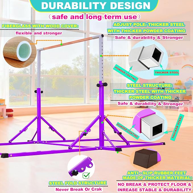 Marfula Gymnastic Bar For Kid and Teenage of 3-25, 5Ft/8 FT Base Length 4Ft Width 5Ft Adjust Height, Gymnastic Kip Bar For Gymnast, Gymnastic Training Equipment For Professional Training Home Club Use
