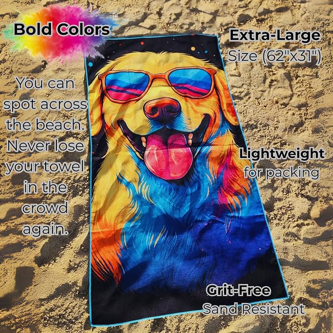 Microfiber Funny Yellow Lab in Sunglasses Colorful Beach Towel for Women, Girls, Kids, Boys, Men, Plush Beach Towel, Absorbent Pool Towel Super Soft, Oversized 31x62 Inches