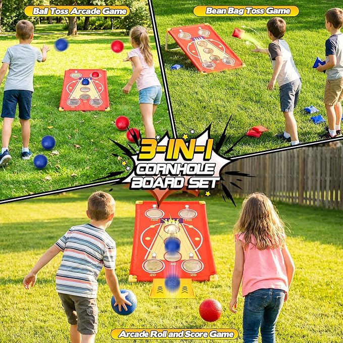 3 in 1 Cornhole Board Set Arcade Roll and Score & Bean Bag Toss & Ball Toss Game, Outdoor Carnival Party Corn Hole Outside Toys for Kids Adults, Yard Backyard Field Day Camping Family Reunion Game