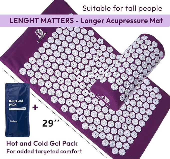 Acupressure Mat & Pillow Set – Extra-Long 29” Acupressure Therapy for Back & Neck Pain Relief, Sciatica, Stress Relief & Sleep Support Includes Carry Bag & Hot/Cold Pack (Purple)