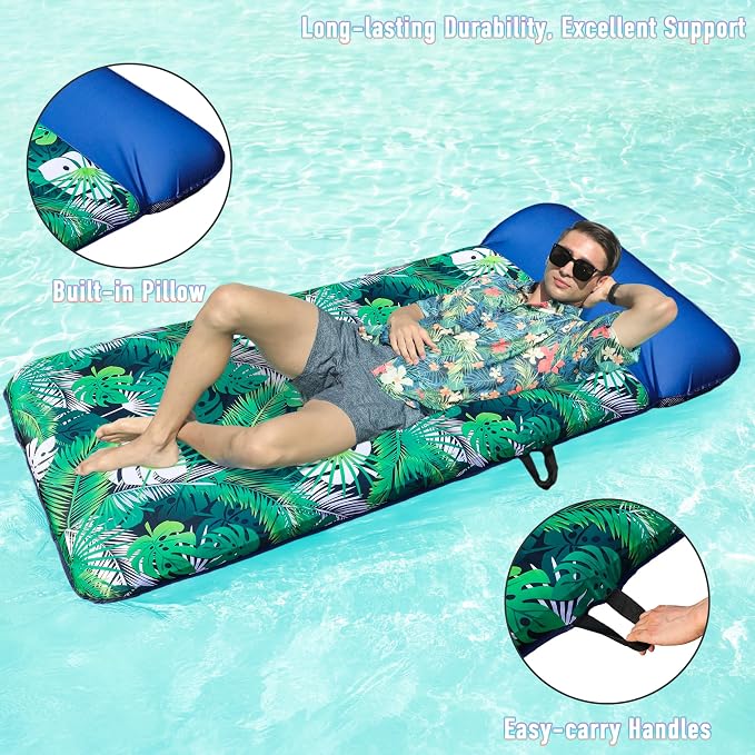 FindUWill Oversized Pool Float Lounge, 72" X 37" Extra Large Fabric-Covered Pool Floats for Adults, Inflatable Contour Lounger with Headrest Ultra-Comfort Cooling Pool Raft (XL, Monstera)