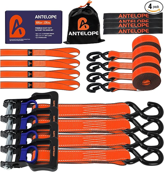 Ratchet Tie Down Straps Set, 5250 LBS Breaking Strength, 4 Pack 1.5" x 15' Heavy Duty Ratchet Straps, Cargo Strap, Motorcycle Straps for Trucks, Bicycle, Kayak, Moving, Tie Downs with S Hooks, Orange