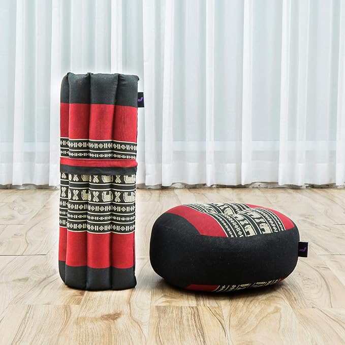 Leewadee Meditation Cushion Set – 1 Small Zafu Yoga Pillow and 1 Small Roll-Up Zabuton Mat Filled with Kapok