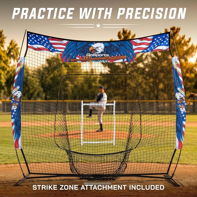 GoSports 7 ft x 7 ft Baseball & Softball Nets - Red, Black, Drip or PRO - Practice Hitting & Pitching Net with Bow Type Frame, Carry Bag and Strike Zone, Great for All Skill Levels