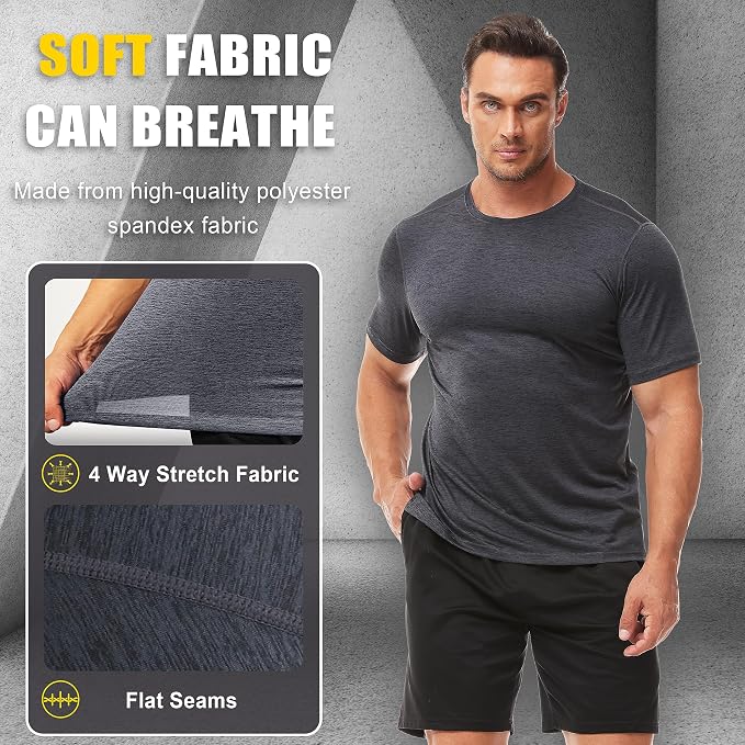 5 Pack Men’s Athletic Active Quick Dry T Shirts - Crew Neck Short Sleeve | Running Gym Workout Sports Tee Tops Bulk