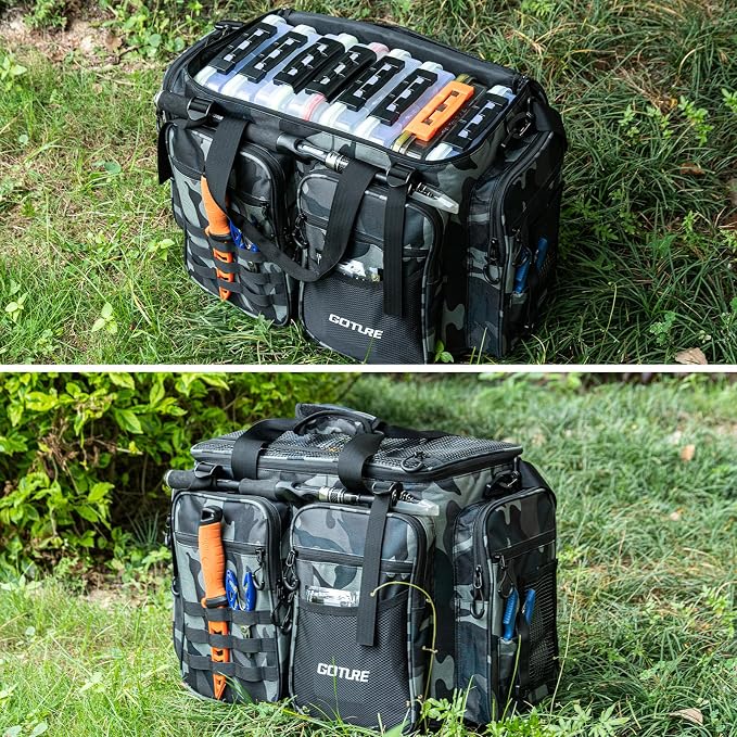 Goture Large Tackle Bag,Store Up to 8PCS 3700 Plus 4PCS 3600 Tackle Trays(Not Included),Water Resistant Saltwater Gear Storage Big Fishing Bag with EVA Bottom,Gifts for Men(21.65"x11.8"x15.16")-Camo