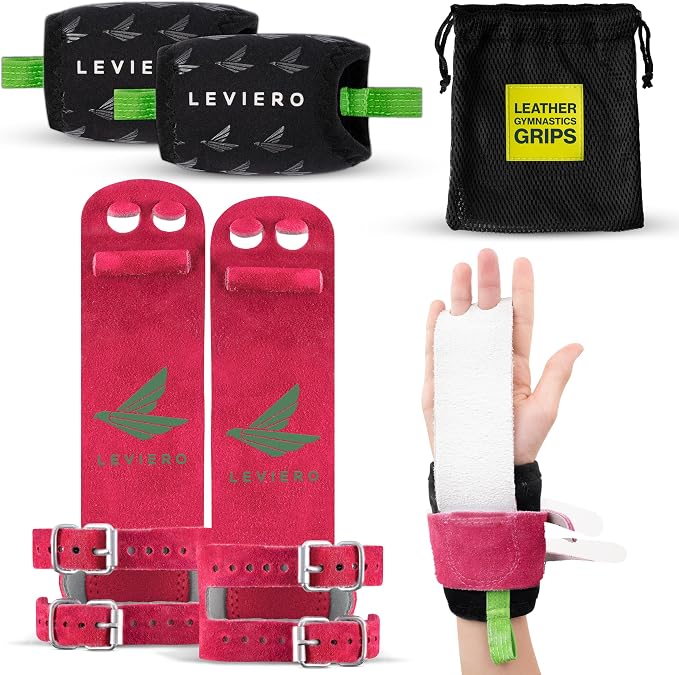Gymnastics Grips Set, Grips for Gymnastics Girls, Dowel Grips with Soft Leather, Double Buckle Wrist Closure, and Adjustable Finger Holes, for All Ages