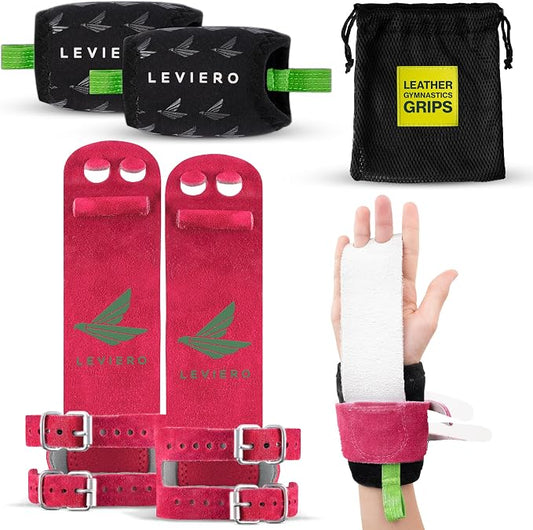 Gymnastics Grips Set, Grips for Gymnastics Girls, Dowel Grips with Soft Leather, Double Buckle Wrist Closure, and Adjustable Finger Holes, for All Ages