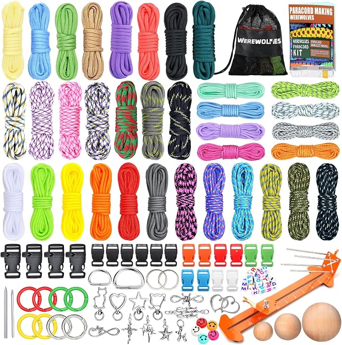 WEREWOLVES Paracord Bracelet Jig Kit - 4MM, 3MM, 2MM Parachute Combo Kit, 10FT Rope Complete Accessories and Paracord Jig Bracelet Maker (Luck, 10FT-35 Color)