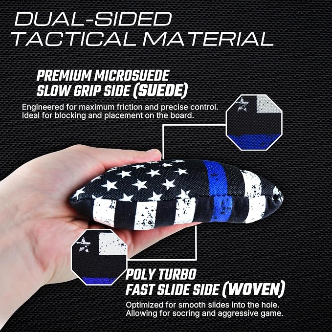 Professional Cornhole Bags Set of 8 - Dual Sided Stick & Slide (Suede/Woven) - Premium Resin Filled Regulation Weight & Size (6x6, 16oz) - Double Stitched Reinforced Seams with Carry Tote