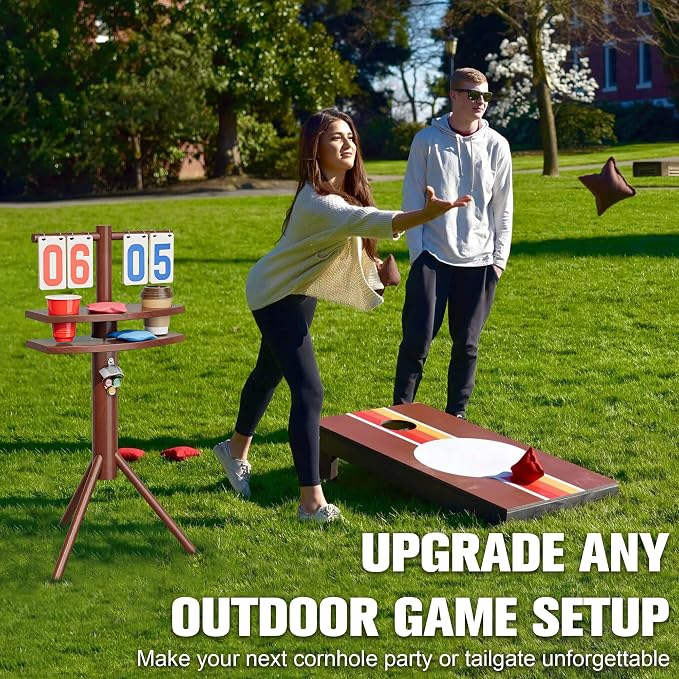 MUCITAGF Cornhole Scoreboard with Drink Holders & Magnetic Bottle Opener, Weatherproof Cornhole Score Keeper Stand for Outdoor Yard Games Accessories