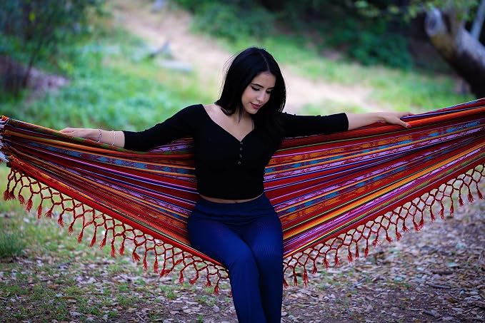 Boho Classic Hammock with Tassel, Handmade, Weather-Resistant, Hammock for Indoor & Outdoor, Lightweight Durable - for Patio, Porch, Backyard Lounging (Inti Red)