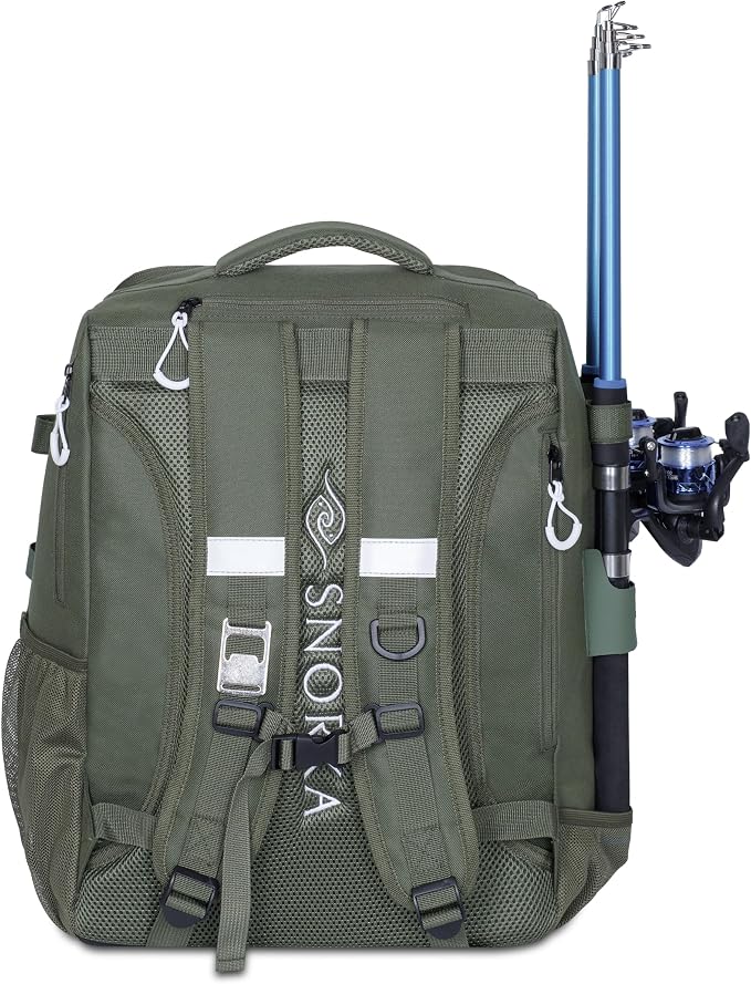 Fishing Backpack with Tackle Boxes and Rod Holders 40L; Plus Rain Cover, Padded Back Support, Insulated Front Pocket for Hot/Cold Lunch, Water Bottle Holder(Army Green)