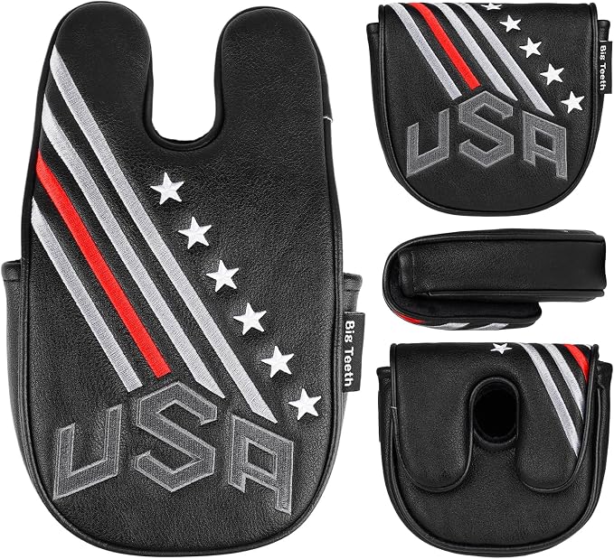 Big Teeth Golf Cover USA Stripe and Star Headcover Covers, Driver Fairway Wood Hybrid Headcovers Fits Blade Mallet Putter Iron and Woods with Magnetic Club Protector Pu Leather Golf Accessories