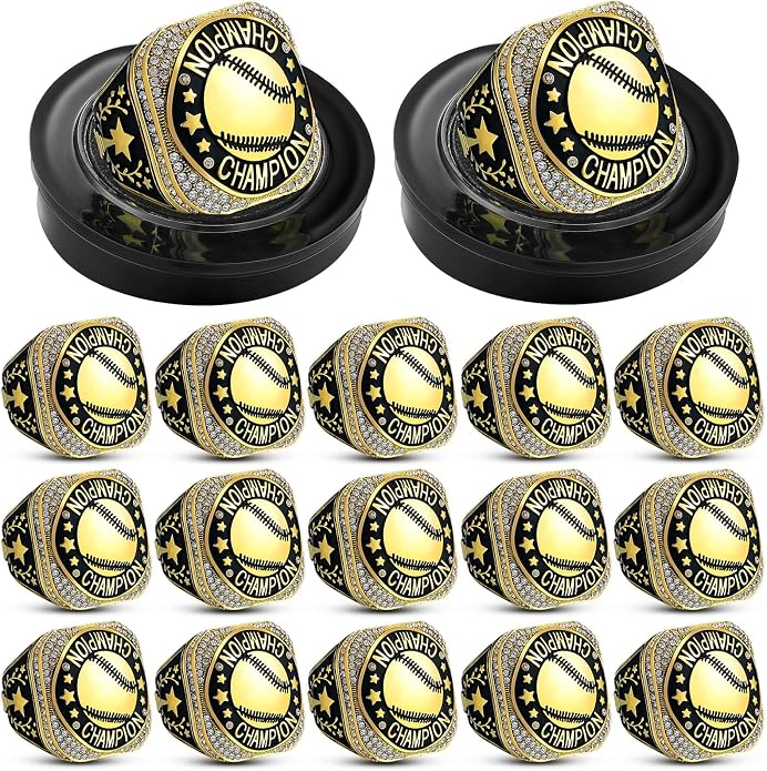 Highergo 20 Pcs Baseball Softball Basketball Football Champion Rings with Display Neck Chain and Stand Volleyball Soccer Cheer Trophy Rings Bulk for Tournament Award Gift