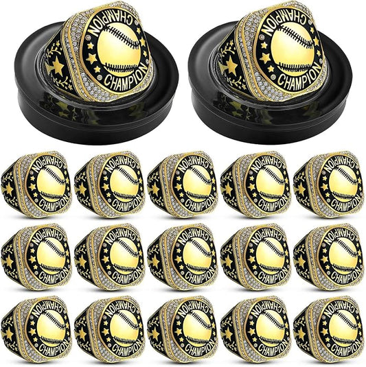 Highergo 20 Pcs Baseball Softball Basketball Football Champion Rings with Display Neck Chain and Stand Volleyball Soccer Cheer Trophy Rings Bulk for Tournament Award Gift