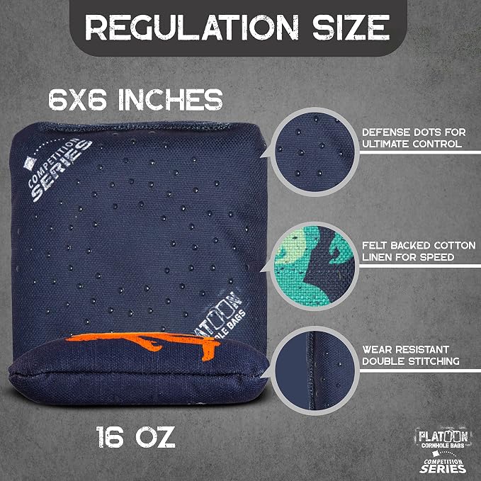Play Platoon Competition Series Cornhole Bags Set of 8 Regulation Professional Weight Double Sided Slick and Stick with Rubber Sticky Dot Slow Side for Pro Corn Hole Bean Bag Toss Game-Designed in USA