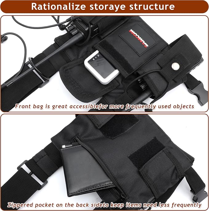 SAMCOM Radio Chest Harness with Adjustable Shoulder Holster, Tactical Vest Radio Vest Holder Two Way Radio Vest Rig, Walkie Talkie Storage Bag with Pack Pouch (1 Pack, Black)
