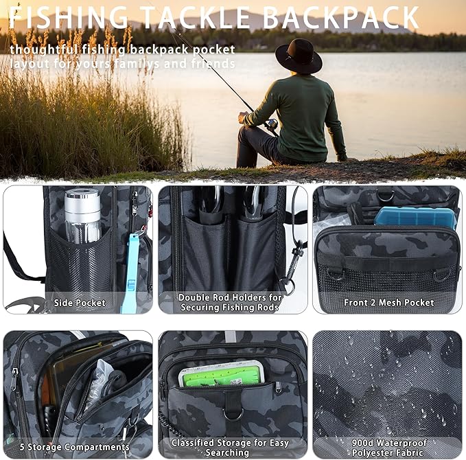 Fishing Backpack with Tackle Boxes and Rod Holder, 24L Fishing Sling Bag with Fishing Lures Kit, Fishing Gear Bag Gifts for Men Women - Black Camo Backpack