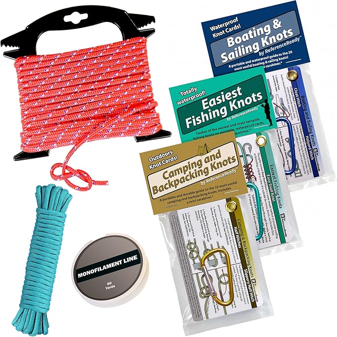 ReferenceReady Deluxe Knot Tying Kit with Rope, Cord, Fishing Line, and 3 Knot Tying Guides (Outdoors, Fishing, Boating) for Preppers and Survivalists