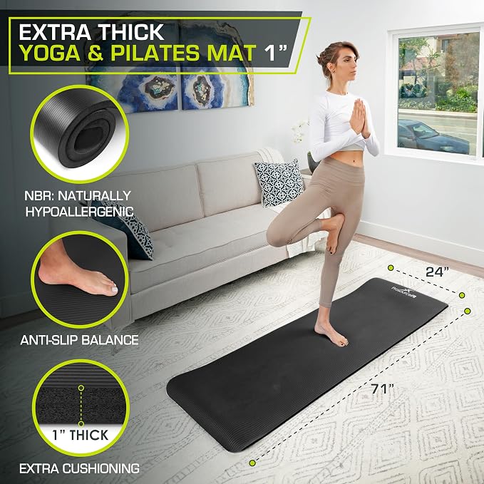 ProsourceFit Extra Thick Yoga and Pilates Mat 1/2” (13mm) or 1" (25mm), 71-inch Long High Density Exercise Mat with Comfort Foam and Carrying Strap