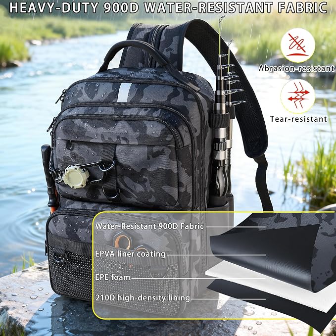 Fishing Backpack with Tackle Boxes and Rod Holder, 24L Fishing Sling Bag with Fishing Lures Kit, Fishing Gear Bag Gifts for Men Women - Black Backpack
