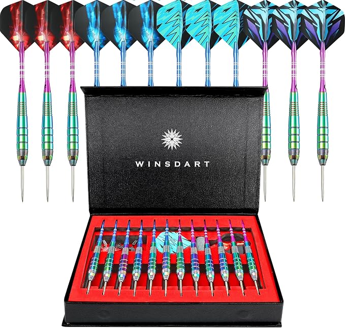 WINSDART Steel Tip Darts 12 Pack Set with Nonslip Iron Barrel Aluminum Dart Shafts and Flights Darts Sharpener an Gift Box