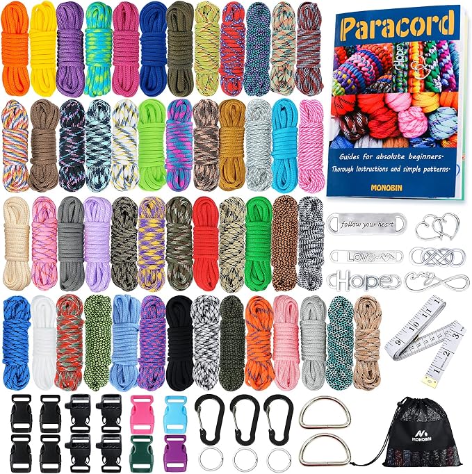 50 Colors Paracord Combo Kit with Instruction - Multifunction Parachute Cord with 28 Paracord Accessories for Making Paracord Bracelets, Lanyards, Dog Collars