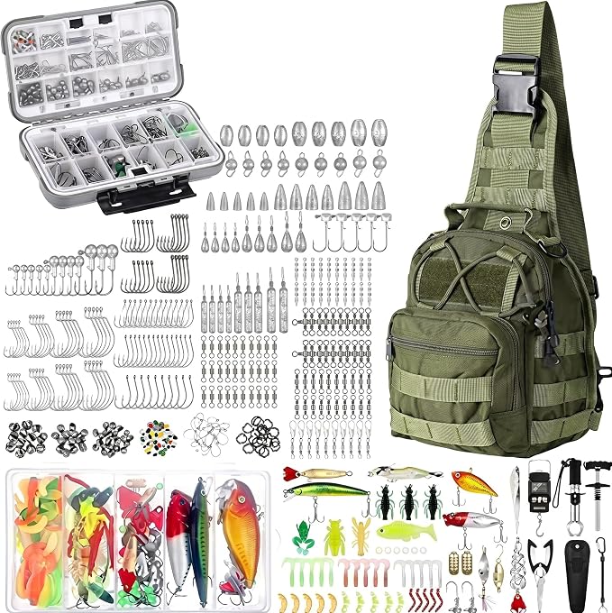 Sosation 482 Pcs Fishing Sling Tackle Bag Set Fish Tackle Box Backpack Storage Fishing Gear and Equipment Included Fish Hook Remover Tool Lures Lip Gripper, Gift for Men