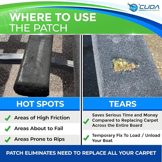 Boat Trailer Bunk Carpet Patch - 80oz syd Patch - Fixes Tears, Rips, Hot Spots on Carpeted Bunk Boards Fast Staple-On Fix Carpet Patch for Hotspots, Tears & Worn Trailer Bunks Runners Patented