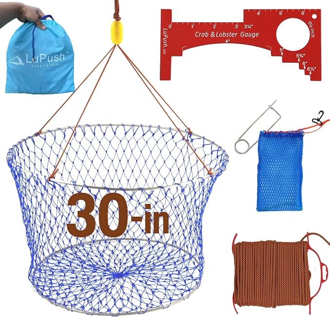 Stainless Collapsible Crab Net with 100ft Rope, Bait Bag, Clip & Ruler – 6 Pieces Portable Crab Trap for Easy Storage – Durable Grid Design for Dock & Pier Crabbing