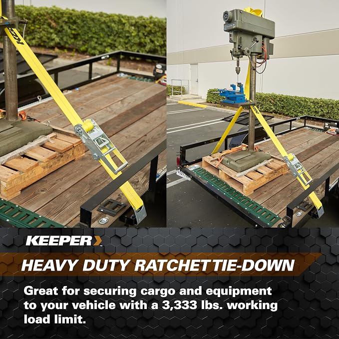 KEEPER 04623 27' x 2" Heavy Duty Ratchet Tie-Down with Flat Hooks, Yellow, 1.5" x 18.5" x 0.75"