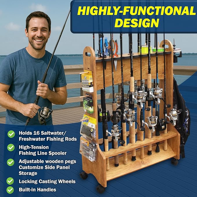 Rush Creek Creations Rolling Rod Holder for 16 Saltwater/Freshwater Fishing Rods, Pole Holder for Garage Organization and Room Storage, Gear and Accessories