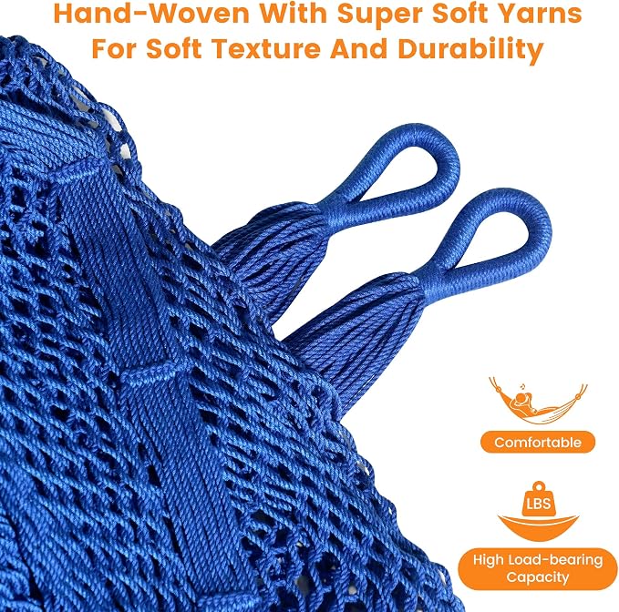 Lazy Daze Hammocks Handwoven XL Mayan Hammock, 10.5 FT Soft Rope Double Hammocks, Portable Outdoor Hammock with Carry Bag, 2 Straps & Carabiners for Patio Outside, 550 lbs Weight Capacity, Blue