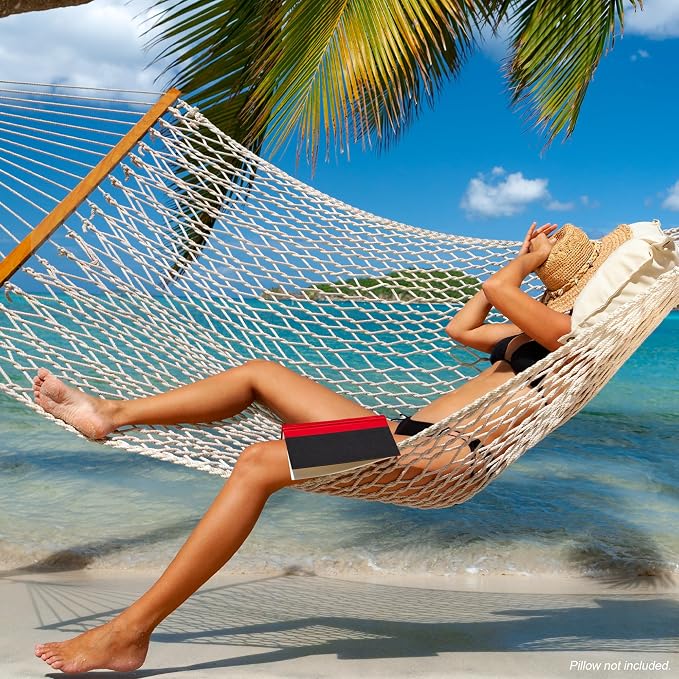 GAFETE 12ft Double Hammocks for Outside, Handwoven Traditional Cotton Rope 2 Person Hammock with Hardwood Spreader Bar, Chains & Hooks for Indoor Outdoor, Max 450 lbs Capacity (Natural Beige, Medium)