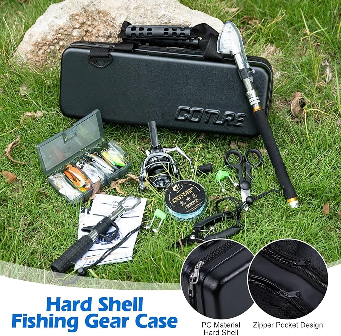 Goture Telescopic Fishing Rod and Reel Combo with PC Hard Shell Case | 24T Carbon Fiber Pole,Spinning Reel,Waterproof PC Case,Line,Pliers,Gripper,Lures Set,for Starter Travel Saltwater Freshwater