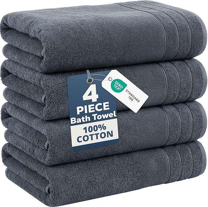 Casa Platino 100% Cotton 4 Pack Bath Towels Set (30"x60") - Ring Spun, Large Cotton Towels for Bathroom - Quick Dry, Soft & Absorbent Bath Towel Set - Remains Soft After Multiple Washes - Cool Grey
