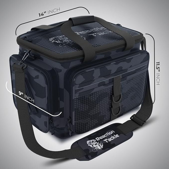 Reaction Tackle Fishing Tackle Bag - Water Resistant Camo Tackle Bag with Padded Shoulder Strap, D Ring Hanger, Suitable for 3600 Storage Boxes, Compression Molded Waterproof Non-Slip Bottom