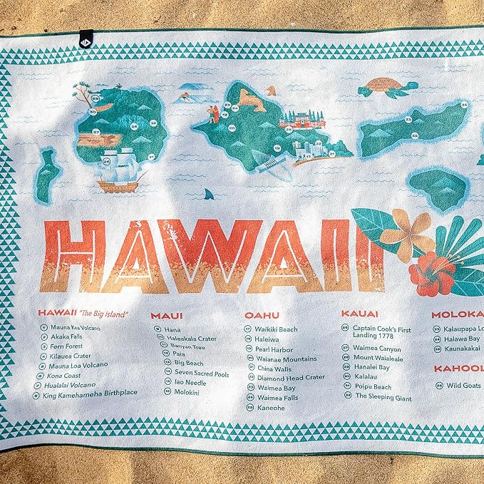 Nomadix Original Towel - Perfect for Beach, Pool, Travel, Camping, Yoga - Made with Recycled Materials - Super Absorbent - Sand Resistant - Hawaii Map - 72.5x30