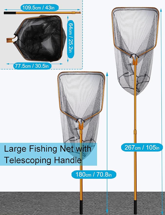 Extra Large Saltwater Fishing Net - 70.8"-105" Heavy Duty Telescopic Aluminum Handle, 37" Deep Snag-Free Rubber Mesh for Big Catfish Bass, Kayak Fishing Net with Carrying Bag