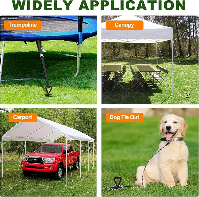 Eurmax USA 4 Pack Heavy Duty Ground Stakes,Industrial Grade Spiral Steel Screw-in Trampoline Anchors with 4 Reinforced Straps,High Wind Stabilizing Kit for Dog Tie-Out,Canopies,Sheds,Swing Sets,Black