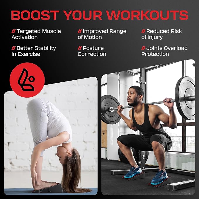 Flexelent Squat Wedge Block Pair, Squat Ramp, Calf Raise Block, Anti-Slip Slant Board, ATG Equipment to Boost Workout, 17° Incline, 3.5x5.9x12.2, Backpack Included - Classic & Bold (Black & Red)