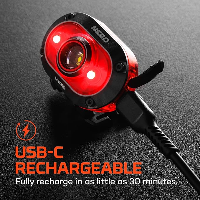 NEBO MYCRO 450 Headlamp | 450 Lumens, 6 Light Modes, White Red & Green Light, USB-C Rechargeable, Water Resistant, Adjustable Strap, Cap Light Convertible, Bright Light for Camping & Hiking – Red