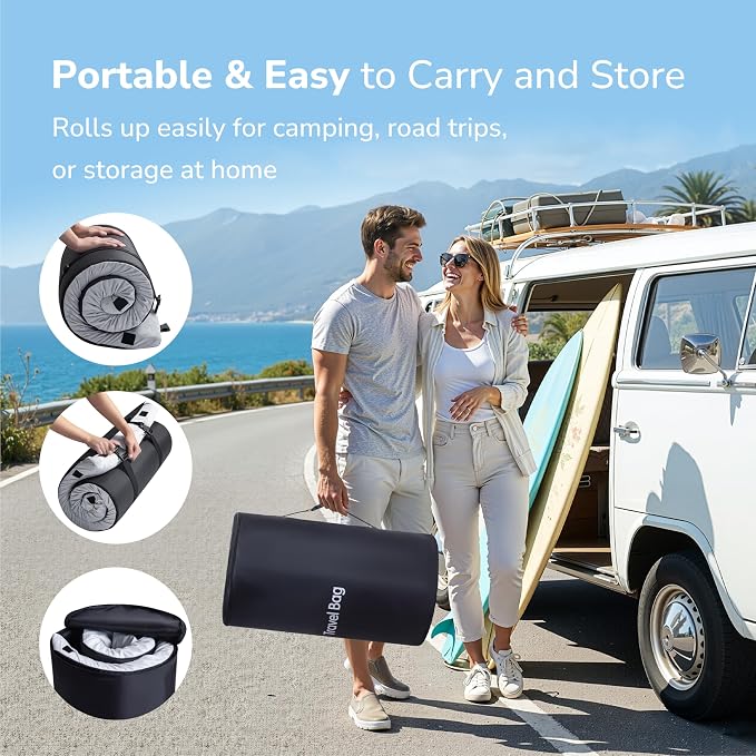 Memory Foam Camping Mattress 2.5 inch, Twin Portable Roll Up Camping Sleep Topper with Waterproof and Non-Slip Bottom, Camping Car Mat with Travel Bag, 75"×38"×2.5", Grey
