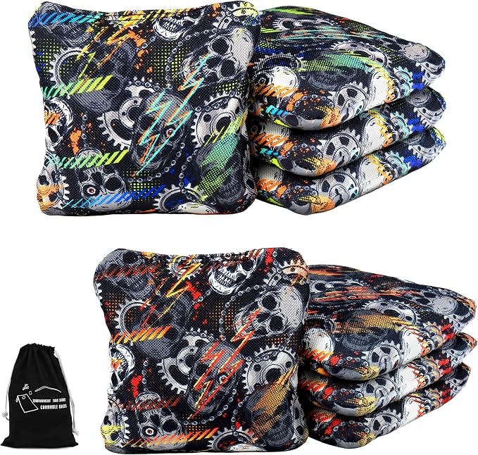 Professional Cornhole Bags Set of 8 - Dual Sided Stick & Slide (Suede/Woven) - Premium Resin Filled Regulation Weight & Size (6x6, 16oz) - Double Stitched Reinforced Seams with Carry Tote