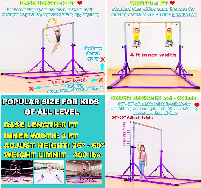Marfula Gymnastic Bar For Kid and Teenage of 3-25, 5Ft/8 FT Base Length 4Ft Width 5Ft Adjust Height, Gymnastic Kip Bar For Gymnast, Gymnastic Training Equipment For Professional Training Home Club Use