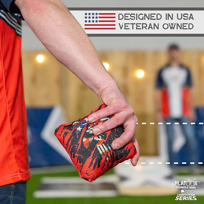 Play Platoon Competition Series Cornhole Bags Set of 8 Regulation Professional Weight Double Sided Slick and Stick with Rubber Sticky Dot Slow Side for Pro Corn Hole Bean Bag Toss Game-Designed in USA