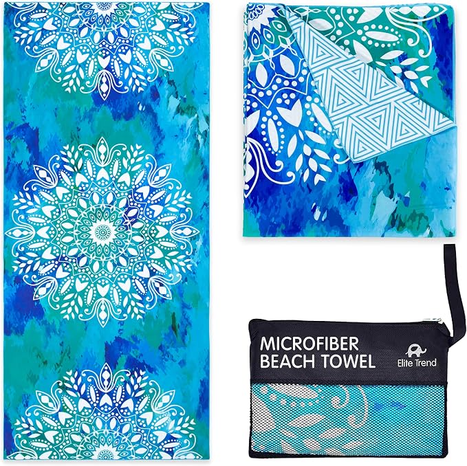 Elite Trend Microfiber Beach Towel for Adults with Bag - Extra Large 78x35 inch Lightweight Sand Free Quick Dry Towel for Travel, Swimming, Yoga, Camping (Mandala Blue)