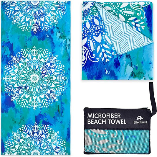 Elite Trend Microfiber Beach Towel for Adults with Bag - Extra Large 78x35 inch Lightweight Sand Free Quick Dry Towel for Travel, Swimming, Yoga, Camping (Mandala Blue)
