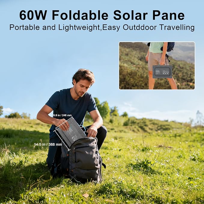 60W Portable Solar Panels Chargers with USB-C, USB-A and DC Outputs Foldable IP67 Waterproof Solar Panel for Camping,Power Emergency for Small Power Station,Phones, Power Banks
